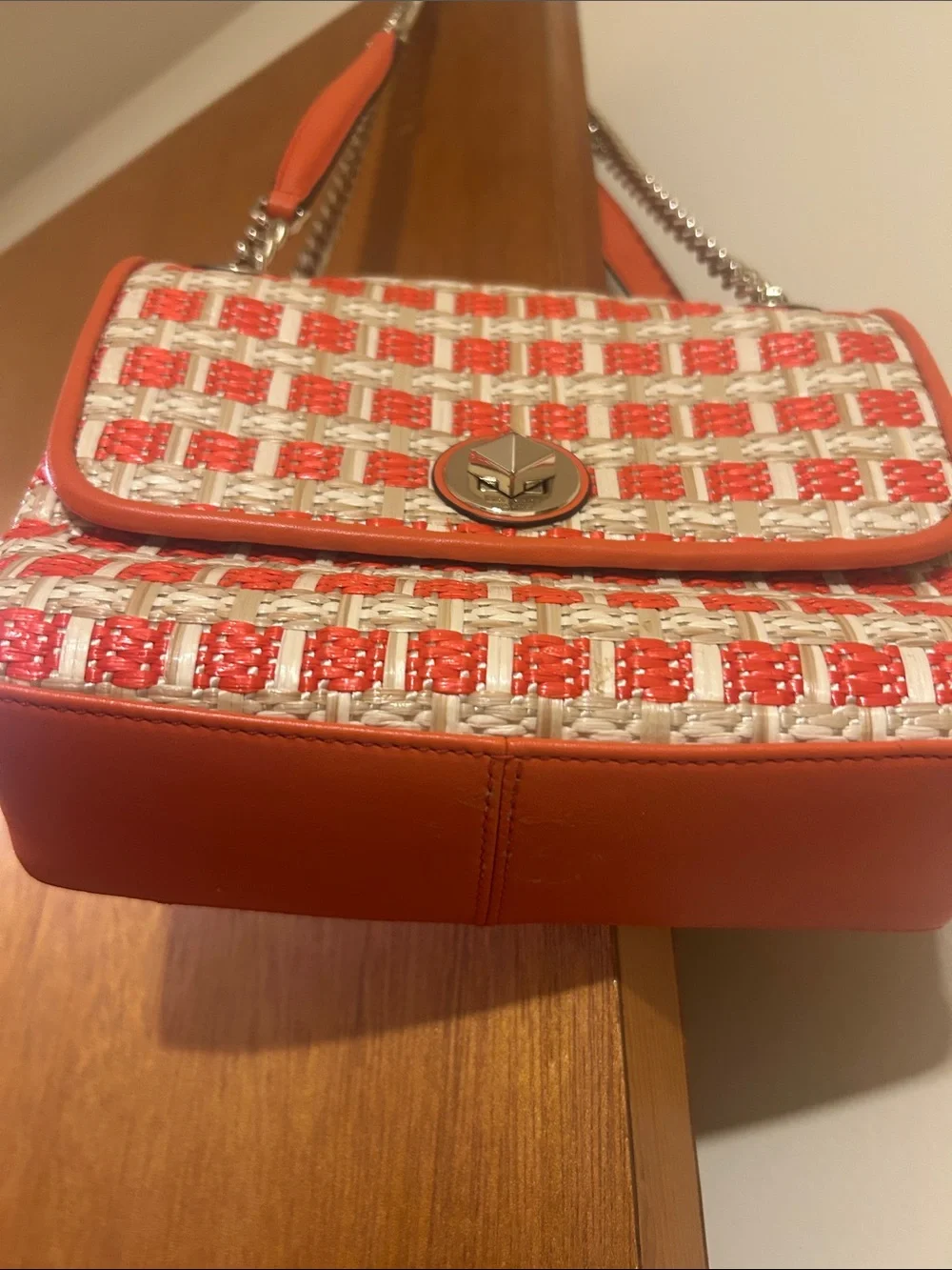 kate spade Orange and Off White Woven Shoulder Bag with Chain Strap